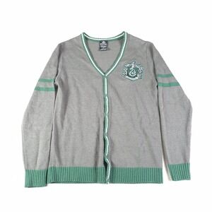 Harry Potter Slytherin Sweater Mens Medium Gray Green Cardigan Wizarding World‎